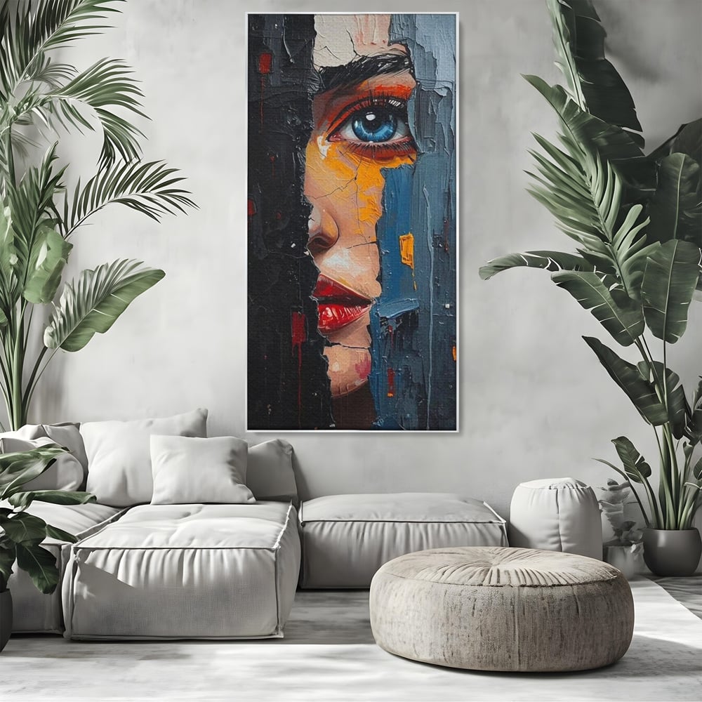 Tablou canvas cu tablou canvas cu portretul unei femei, in rama de aluminiu argintiu, pe perete intr-un living